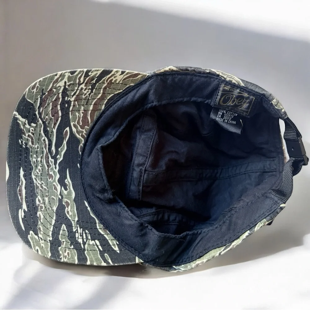 Obey Camo Ripstop 5-Panel Hat Red Logo Patch Adjustable Unisex Streetwear Cap